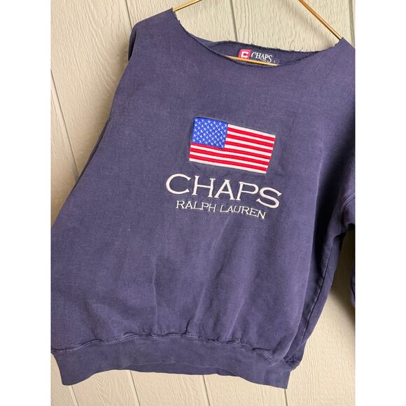 Vintage Chaps Ralph Lauren Flag Sweatshirt USA Embroidered Logo L Raw Cut Neck - Picture 5 of 7